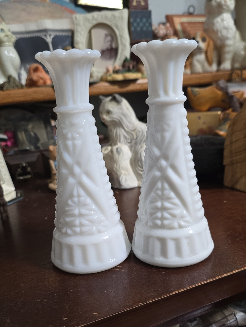White Milk Glass Vase Pair - Classic Embossed Design